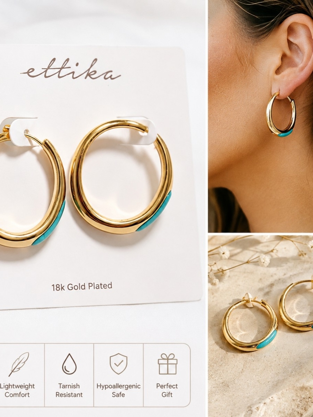 ettika Gold Hoop Earrings with Turquoise Accent